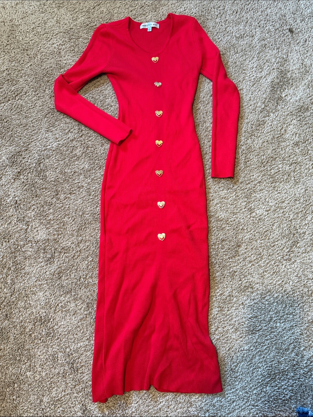 Steve Madden Red Ribbed Heart-Button Long Sleeve Maxi